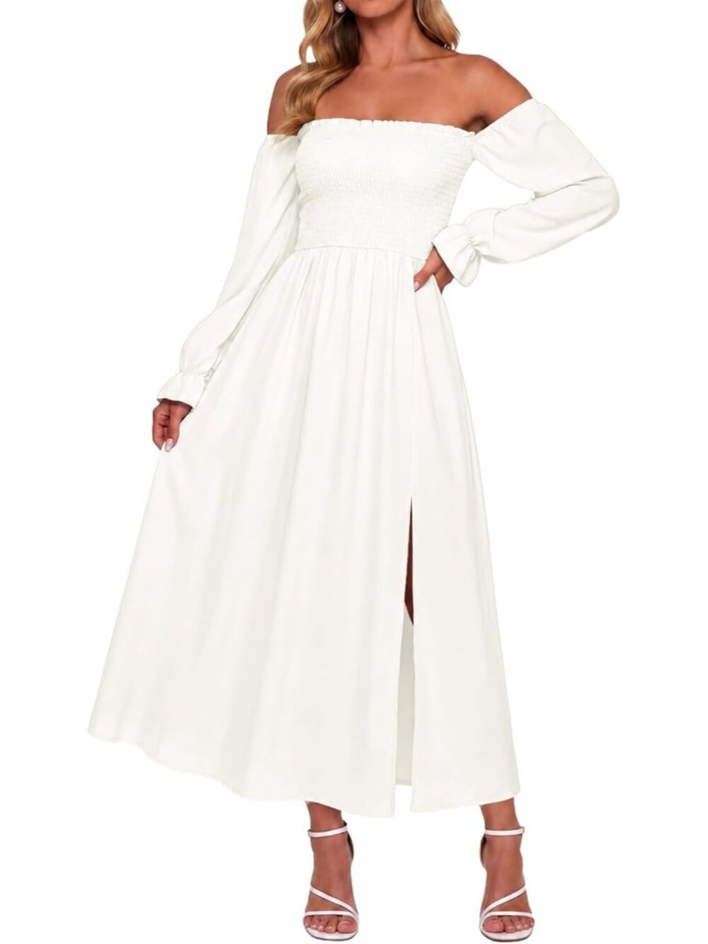 Women's White Off Shoulder Long Sleeve Boho Flowy Wedding Guest Maxi Dresses